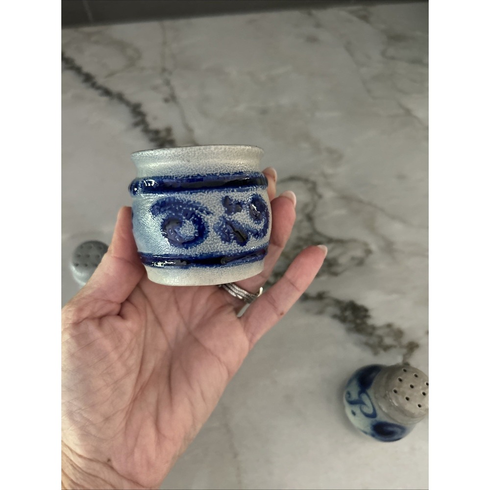 Vintage Stoneware Salt & Pepper Toothpick Holder set POTTERY Cobalt Blue - Picture 9 of 14